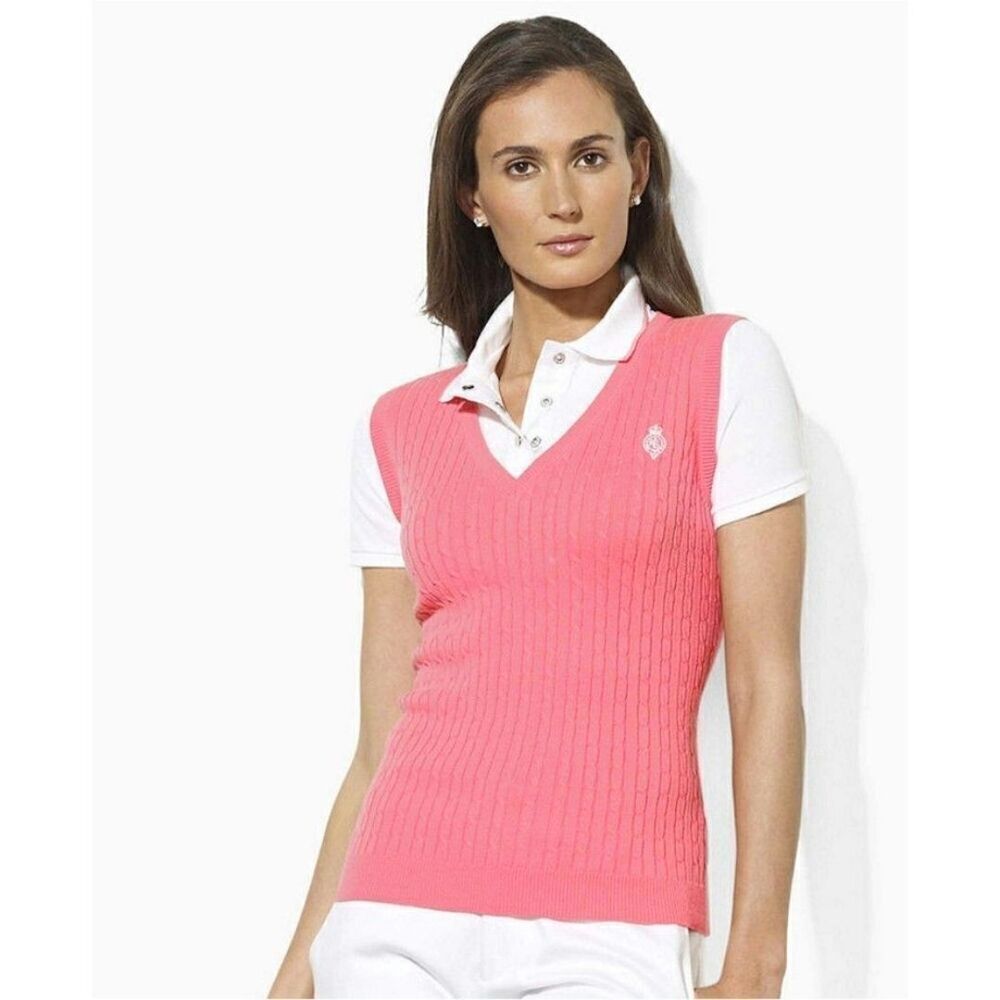 New! RALPH LAUREN Crested Logo Cable Knit Polo Top Pink Size Small 100% Cotton